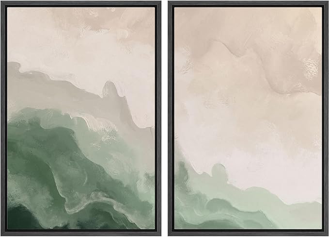 MUDECOR Framed Canvas Print Wall Art Soft Green and Beige Abstract Calming Watercolor Landscape Illustrations Modern Art Decorative Bohemian Chic for Living Room, Bedroom, Office - 24"x36"x2 Black