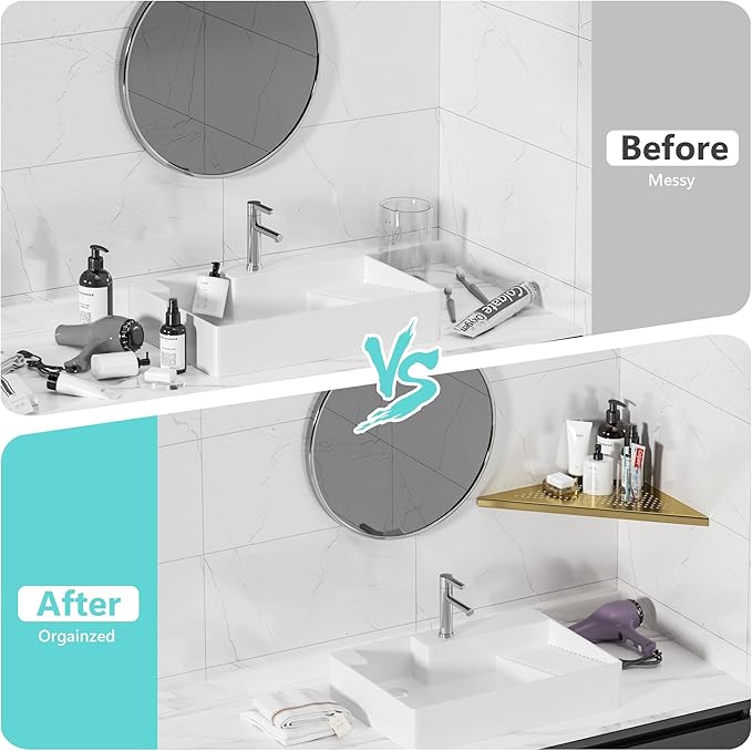 Bathroom Corner Shelf, Recessed 12" Shower Shelf Caddy, SUS304 Stainless Steel Shelf Wall Mount Triangular, No Drilling, Brushed Golden