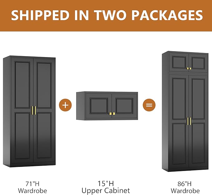 Metal Armoire Closet, 86 Inch Tall Wardrobe Armoire with Hanging Rod, Wardrobe Closet for Clothes with Doors, 18" D x 32" W x 86" H,Black, Assemble Required, Shipped in Two Packages