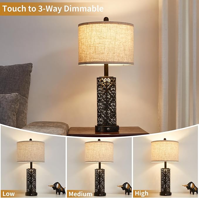 26" Set of 2 Farmhouse Table Lamp, 3-Way Dimmable Touch Control with Nightlight, 2 USB Ports + AC Outlet Vintage Rustic Bedside Lamp for Living Room Bedroom and Nightstand (Black-2 Pack)
