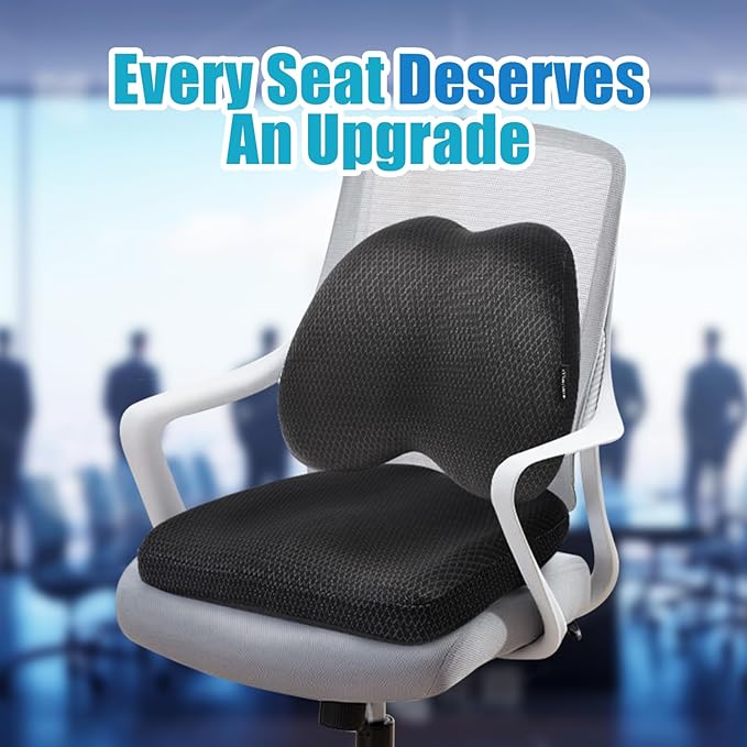 Lumbar Support Pillow Office Chair Car Back Pillow, Ergonomic Lower Back Pain Relief Breathable Air Fiber Cushion for Long Sitting Worker Driver & Handicapped, Adjustable Strap (Black)