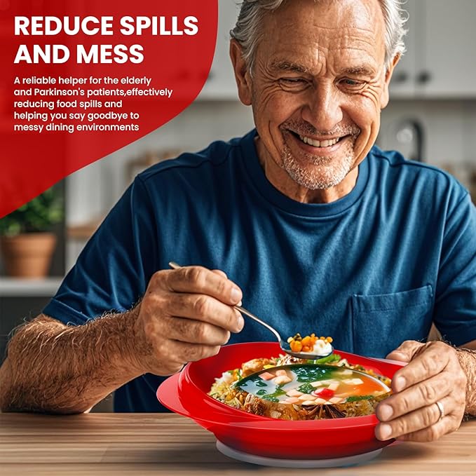 2Pack Spill Proof Scoop Plate with Non-Skid Suction Base, Adaptive Self-Feeding Dinnerware for Elderly and Disabled(Red)