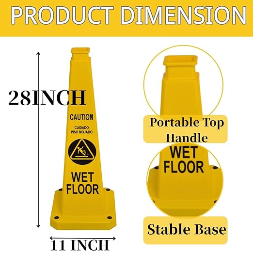 BESEA Caution Wet Floor Sign 6 Pack, 28" Heavy Duty Safety Cone with Weighted Base, Yellow 4-Sided Bilingual Warning Sign, Non-Slip Floor Safety Cone for Restaurants, Stores, Schools, Hotels