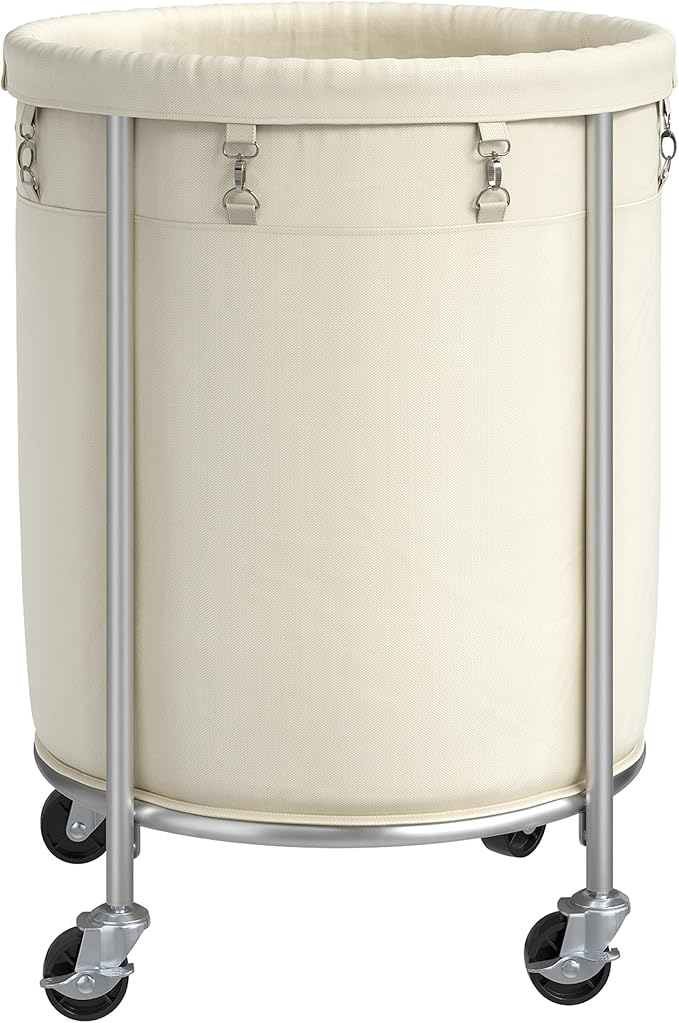 ELYKEN Laundry Basket with Wheels, 170L Rolling Laundry Hamper with Removable Bag and Steel Frame, Round Laundry Cart with 4 Casters and 2 Brakes, Ideal for Bedroom, Bathroom, Laundry Room, Cream