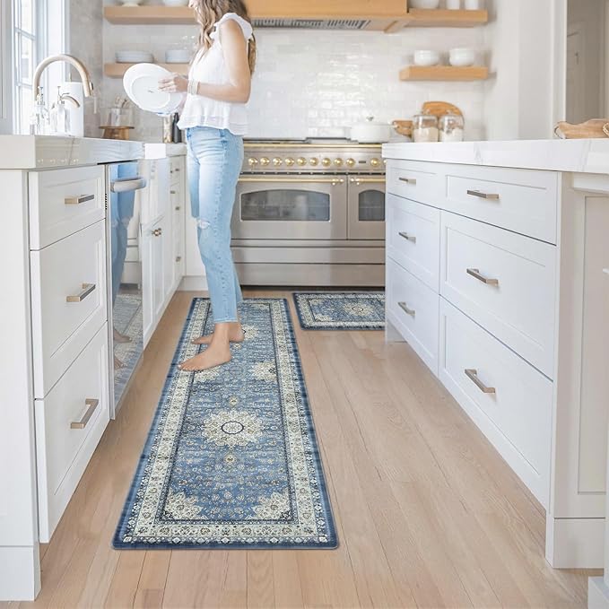 Collive Boho Kitchen Mat, Cushioned Anti Fatigue Kitchen Rug Set 2 Piece Non-Skid Waterproof Kitchen Mats for Floor, Comfort Heavy Duty Standing Mat for Kitchen, Laundry, Office, Desk(Blue)