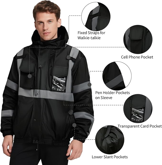 Hi Vis Safety Jackets for Men Waterproof Class 3 Reflective Construction Jacket for Winter Bomber Jacket