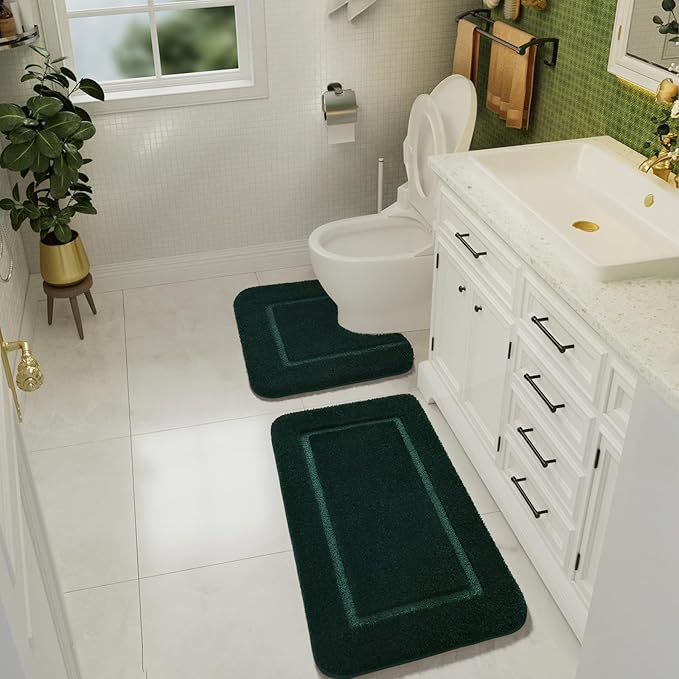 LOCHAS Bathroom Rug Set Hunter Green, Soft Bath Rug Set 2 Piece Set, Toilet Mat U-Shaped 20x20 and 34x20 Bath Rugs, Quickly Dry Mats for Bathroom, Tub, Washable, Super Absorbent Floor Mat