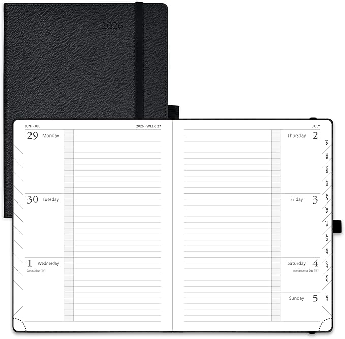 POPRUN 2026 Weekly & Monthly Planner Calendar, 6.75" x 8.75" Medium, Horizontal Layout with Lined Sections, Jan. 2026 - Dec. 2026, Leather Hardcover, 100GSM Paper, Inner Pocket - Black