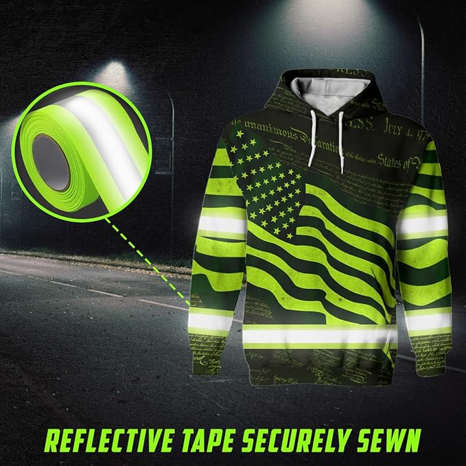 US Flag High Visibility Hoodie for Men Reflective Hoodie Safety Workwear for Worker Runner Patriotic ACC02