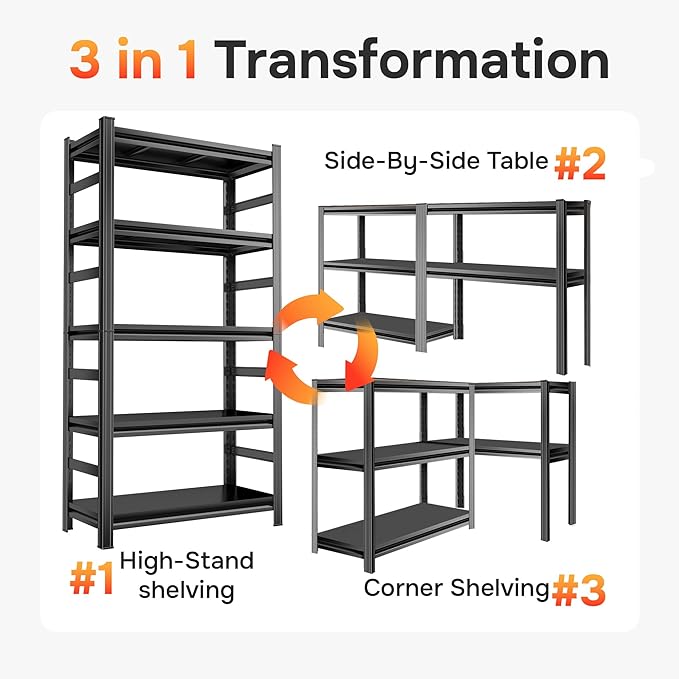 72" H x 48" W Metal Shelving Unit with 2 Fences, 5-Tier72 H x 48" W x24 D Heavy Duty Garage Storage Rack, Adjustable Industrial Shelves for Warehouse, Basement, Easy Assembly