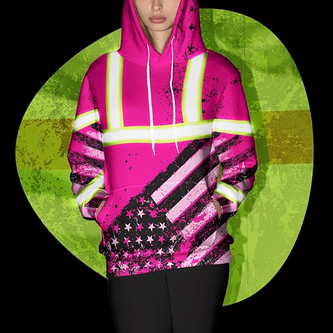 US Flag High Visibility Hoodie for Men Reflective Hoodie Safety Workwear for Worker Runner Patriotic ACC02