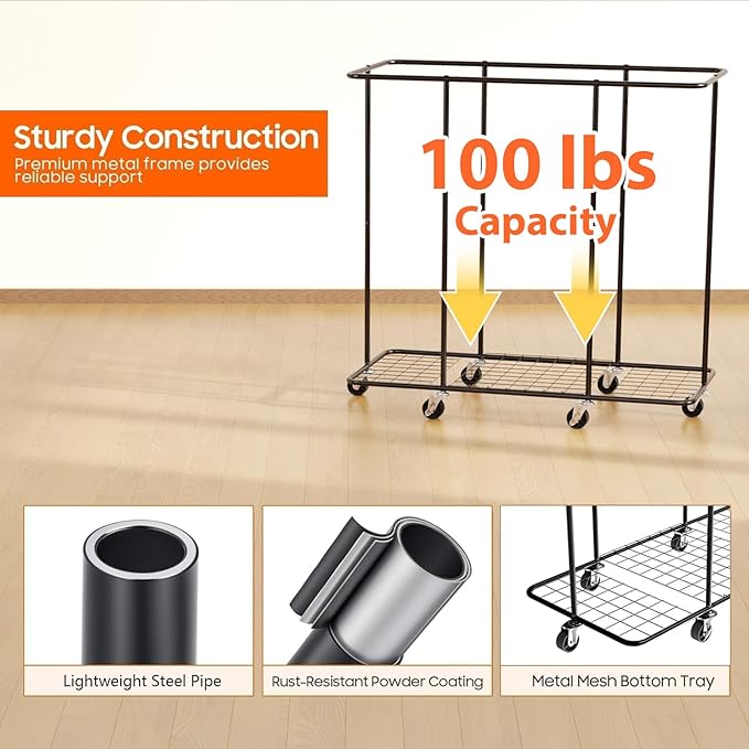 320L Laundry Hamper with Wheels, Rolling Laundry Basket with Metal Frame and Removable Bag, Large & Tall Dirty Clothes Hampers for Bedroom Aesthetic, Laundry Room, Bathroom, Dorm-Black