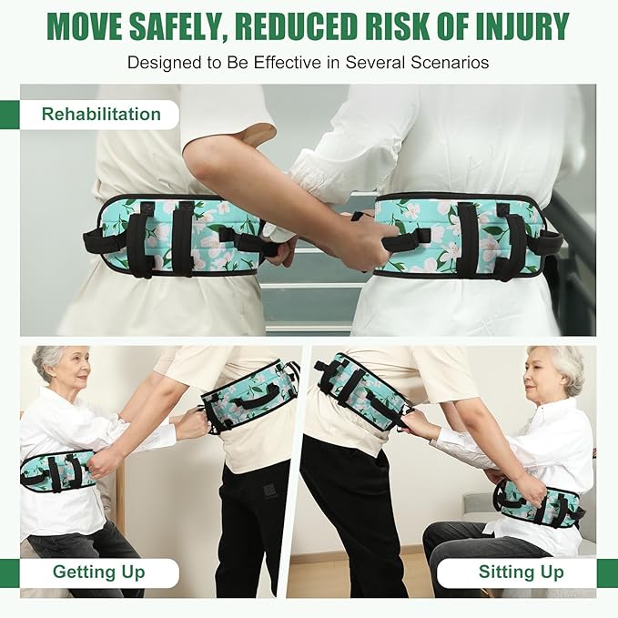 Rhino Valley Gait Belt Transfer Belt for Senior with 7 Handles, 59" Anti-Slip Transfer Belt for Elderly, Lift Belt with Quick Release Buckle, Medical Nursing Safety Patient Assist, Green Lily
