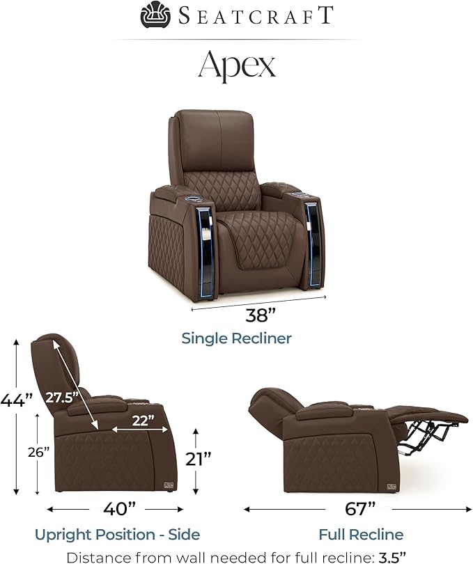 Seatcraft Apex Home Theater Seating, Living Room, Powered Headrest, Powered Lumbar, Powered Recline, Italian Leather, USB Charging, Single Recliner, Brown