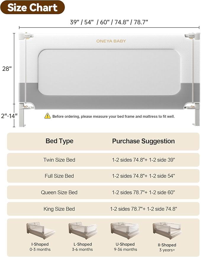 Baby Bed Rail Guard for Toddlers, Reinforced 74.8in Toddler Bed Rails for Twin, Full, King bed with Height Adjustable, Extral Tall Child Safety Side Railing Guards/Bedrail for Kids, White/Grey, 1 Side