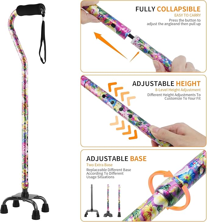 Walking Cane for Women & Men, Adjustable Quad Cane with 4-Prong Base for Stability and Balance, Folding Aluminum Walking Stick for Seniors