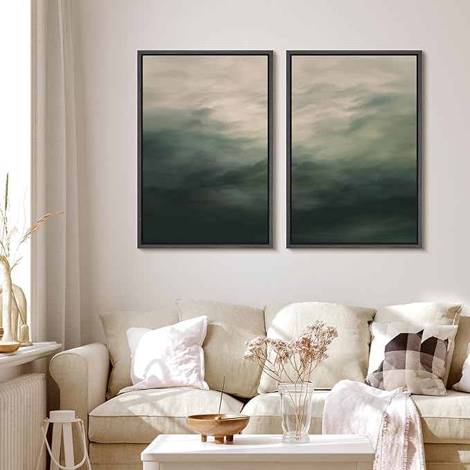 MUDECOR Framed Canvas Print Wall Art Dark Green Abstract Misty Landscape Moody Illustrations Modern Art Decorative Chic for Living Room, Bedroom, Office - 24"x36"x2 Black