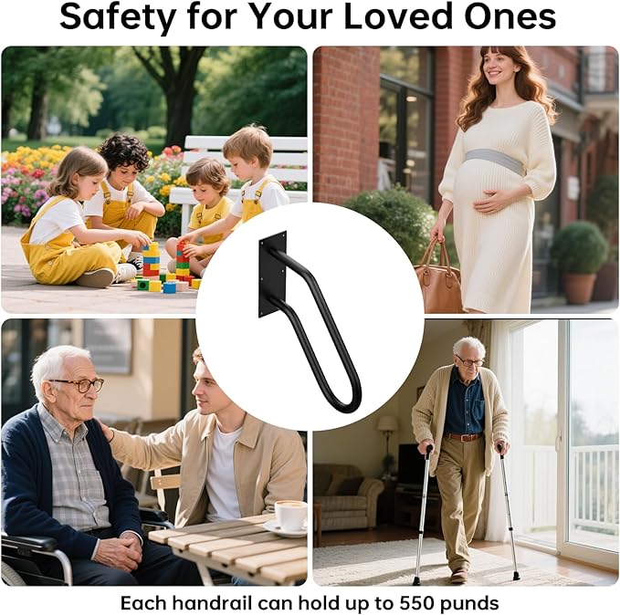 Aduanbang Wall Mount Handrail, Non-Slip U-Shape Stair Safety Grab Bar, Heavy Duty Powder Coated Metal for 1-2 Steps, Indoor/Outdoor Use, Garage Porch Garden Stair Railing - Black