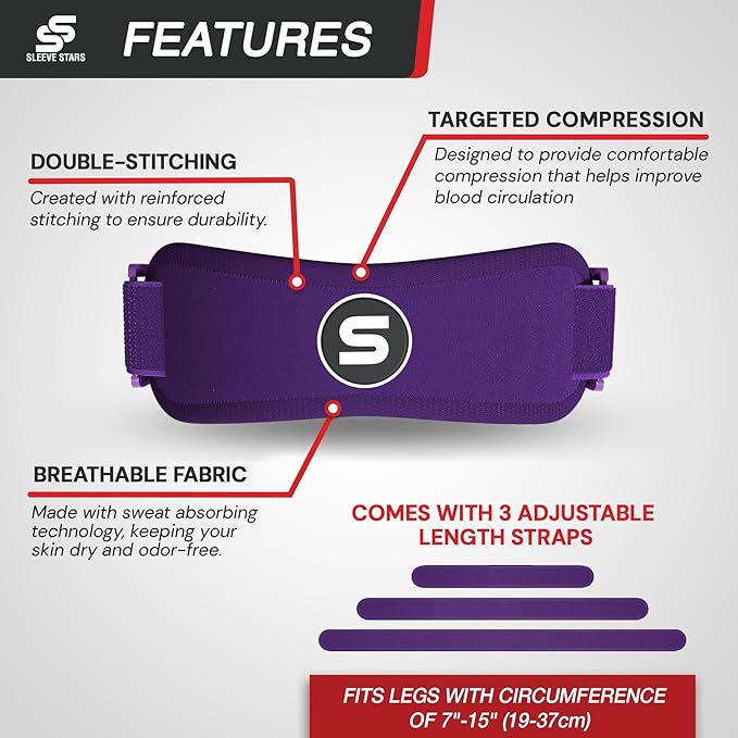 Sleeve Stars Swedish Brand Patellar Tendon Support Strap for Women & Men Effective Osgood Schlatter Knee Brace Youth & Kids Knee Brace with 3 Adjustable Length fits 7"-15" (Single/Dark Purple/Kids)