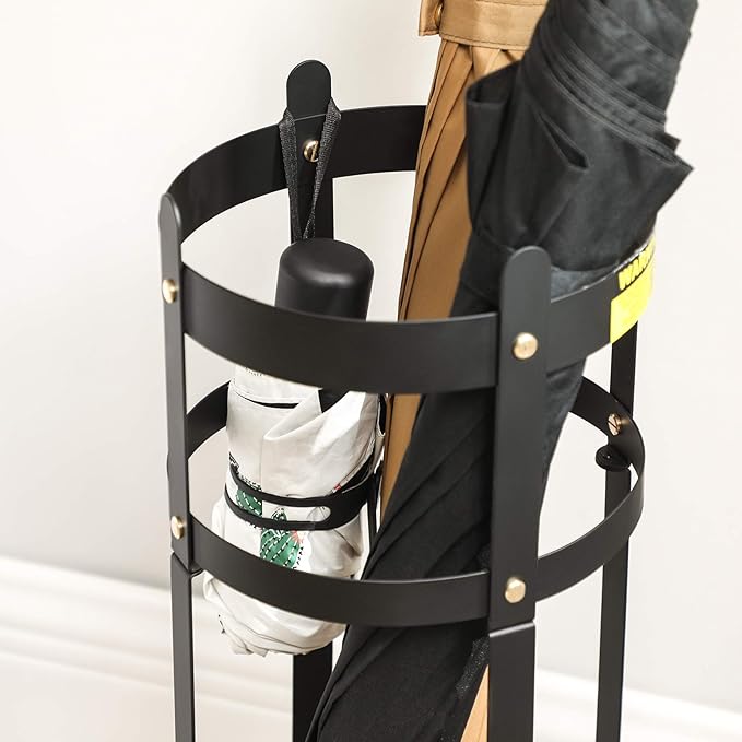 SONGMICS Umbrella Stand, Steel Round Umbrella Holder Rack, 7.7 x 7.7 x 21.7 Inches, with Detachable Drip Tray, for Entryway, Office, Stable, Assembly Required, Matte Black ULUC28BK