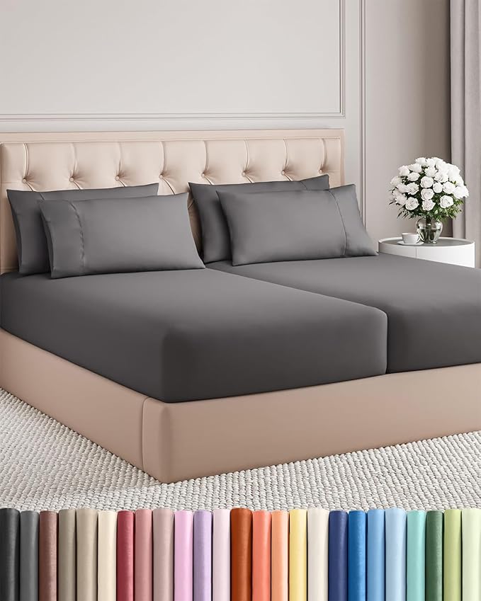 Split King 7 Piece Sheet Set - Cooling & Breathable Bed Sheets - Hotel Luxury Bed Sheets for Women, Men, Kids & Teens - Deep Pockets - Easy Fit - Soft and Wrinkle Free - Split King Dark Grey Sheets