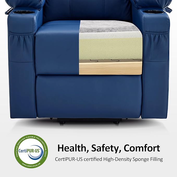 MCombo Power Lift Recliner Chair for Elderly, Lift Chair with Heat and Massage, FSC Certified, USB Ports, Cup Holders, Faux Leather 7141 (Blue, Small)