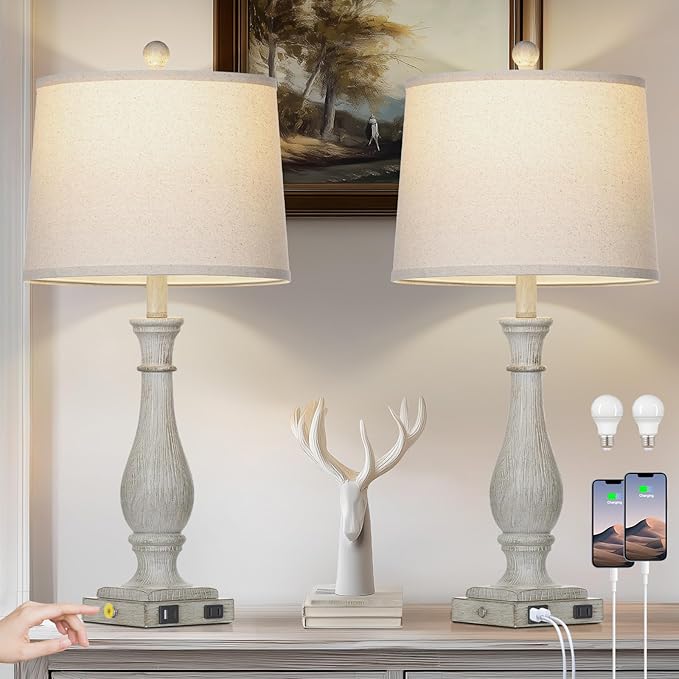 27.5" Grey Farmhouse Lamps Set of 2, Vintage Living Room Table Lamps with USB C+A Ports & AC Outlet, 3-Way Touch Control Bedside Lamp, Rustic Resin Bedroom Lamp for Nightstand Side Table Desk