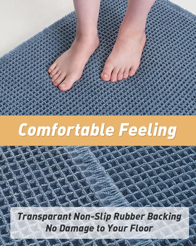 AMOAMI Upgraded Waffle Runner Rug Super Absorbent Non Slip Bath Mats for Bathroom Machine Washable Bathroom Runner Rug with Tassels, Ideal for Hallway Bedroom Laundry Room, 2'x 4'(24" x 48"), Blue