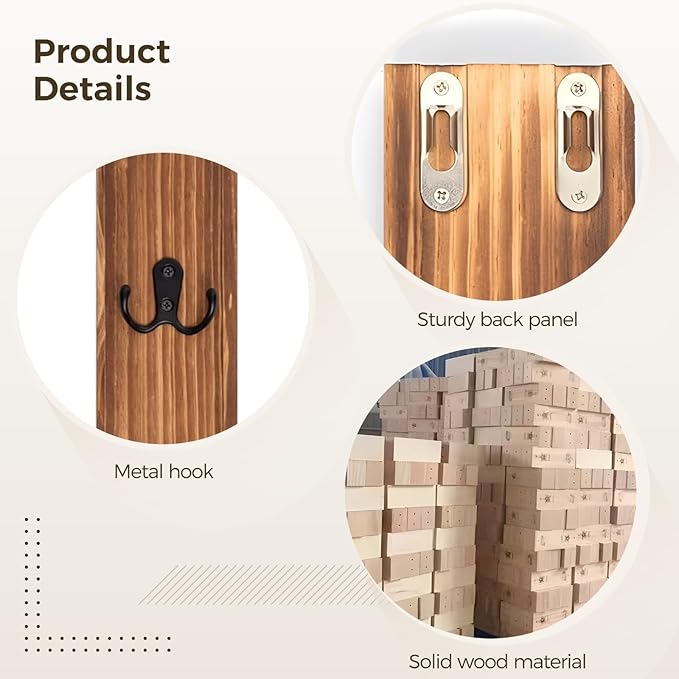 Key Holder Wall Mount, Solid Wood Organizer Shelf, Four Double Hooks, Vertical Entryway Storage for Keys, Mail, Leashes, Rustic Farmhouse Style Home Decor