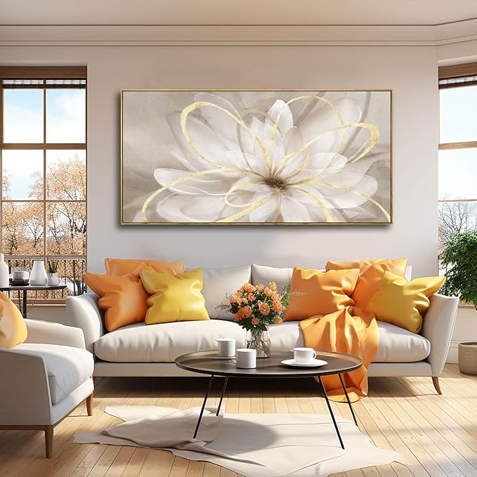 SOUGUAN Gold Flowers Canvas Wall Art Abstract Line Wall Decorations for Living Room Modern Home Decor Office Hanging Prints 24x48 Inch Bedroom Posters