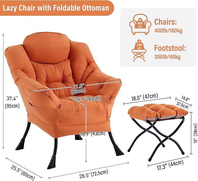 Lazy Chair with Ottoman, Modern Chair with Folding Footrest, Lounge Accent Chair, Comfortable Reading Chair, Oversized Armchairs for Bedroom, Study, Living Room, Courtyard, Orange