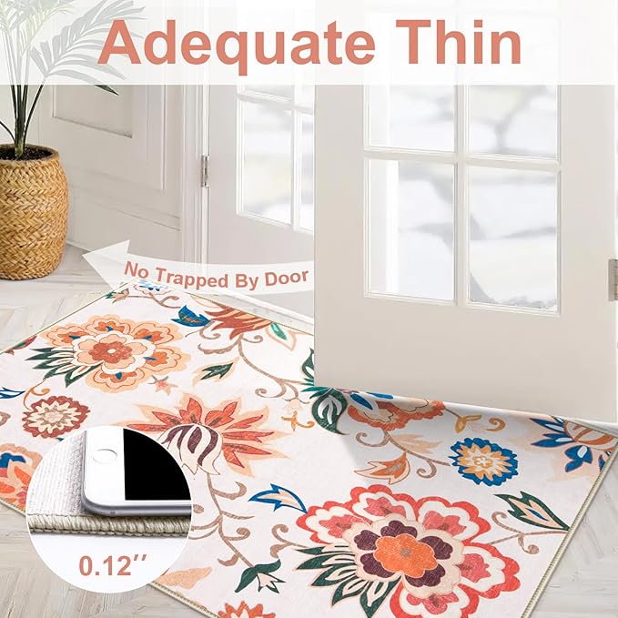 Beeiva Floral 2x6 Runner Rug Non Slip Washable, Paisley Washable Kitchen Rugs with Low Pile, Ultra Thin Carpet for Hallway Runner Laundry Bathroom (Beige,2'x6')