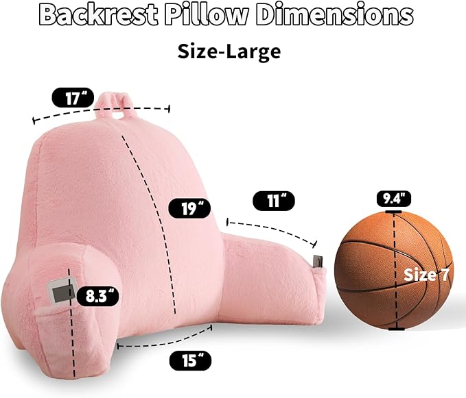 Reading Pillow for Sitting in Bed, Large Backrest Reading Pillow with Arm Rest,Back-Rest Support Cushion for Sit Up on Couch, Sofa, and Floor, Dorm Essentials (Pink Faux Fur, Large(19"))