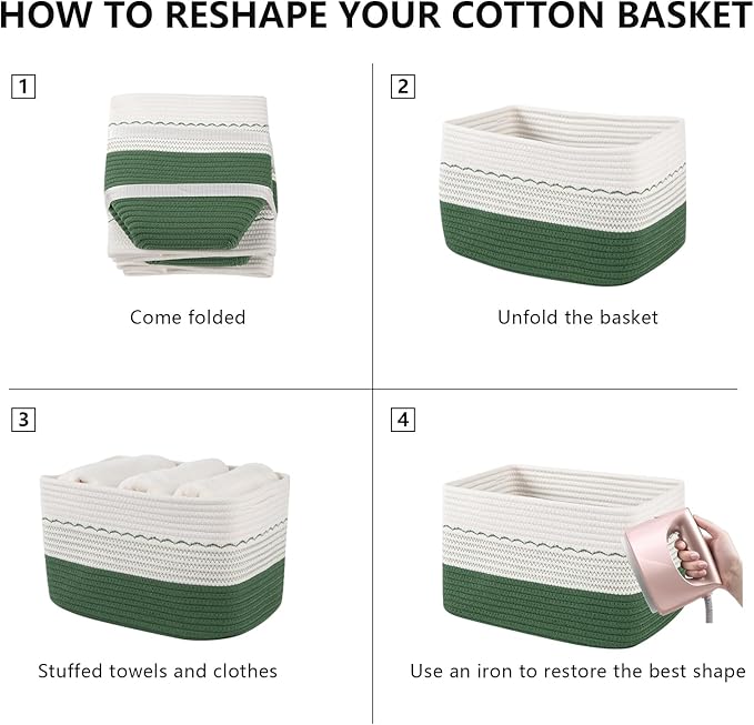 4 Pack Storage Baskets for Organizing, 13"X9"X7.87", Decorative Cotton Rope Baskets with Wave-Patterned Embroidery for Shelves, Small Woven Basket for Toys, Books and Towels, Green & White