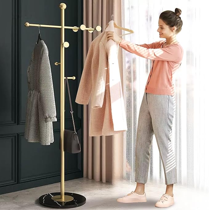 Modern Metal Coat Rack Stand, Heavy Duty T-shaped Coat Rack Freestanding with Natural Marble Base, 8 Hooks, Ideal for Bedroom, Entryway, Hallway, Office, Gifts for Women, for Mom, for Men (Gold)