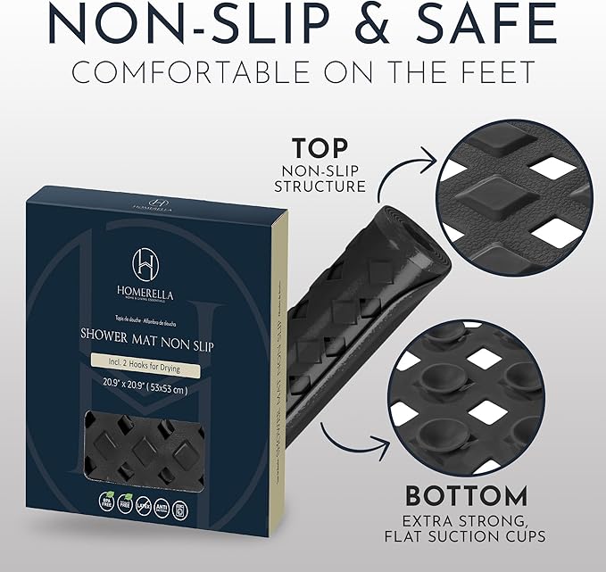 homerella® Shower Mat Non Slip Anti Mold, Non Slip Shower Mats for Inside Shower Stall Anti Slip Mat, Square Shower Floor Mat 21 x 21 in with Suction Cups & Hooks for Quick Drying, Machine Washable
