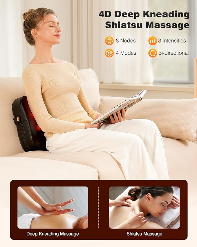 Back Massager with Heat-Shiatsu Massagers for Neck and Shoulder Pain-3D Kneading Massage for Lower Back/Neck/Leg Pain Relief-Lumbar Support Pillow for Office Chair-Chirstmas Gifts for Mom Dad