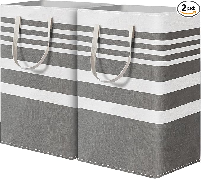 2 Pack Laundry Baskets 75L Large, Waterproof Freestanding Collapsible Laundry Hamper with Reinforced Handles, Grey Clothes Hamper for Dorm, Bathroom, Bedroom, Laundry Room