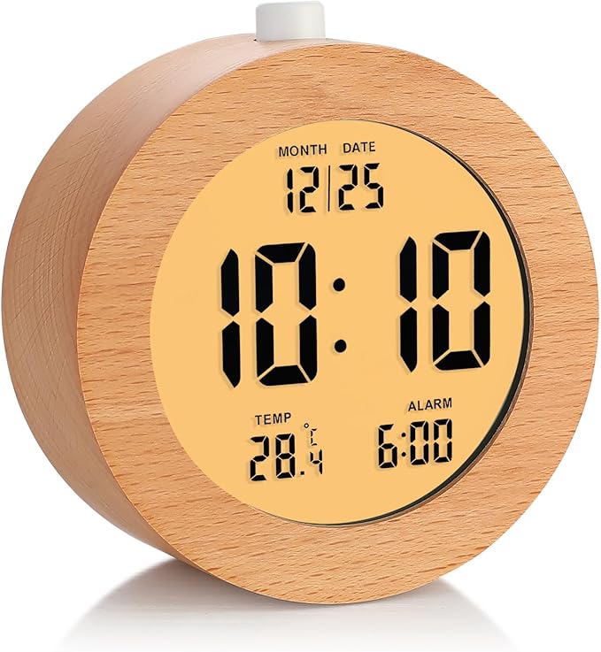 Plumeet Wooden Digital Alarm Clock for Bedrooms, Wood 4'' Battery Powered Alarm Clock with Snooze and Nightlight, Electronic LCD Desk Clock Display Time, Date, Temp, 12/24H, Wood Décor, Round, Brown