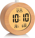 Plumeet Wooden Digital Alarm Clock for Bedrooms, Wood 4'' Battery Powered Alarm Clock with Snooze and Nightlight, Electronic LCD Desk Clock Display Time, Date, Temp, 12/24H, Wood Décor, Round, Brown