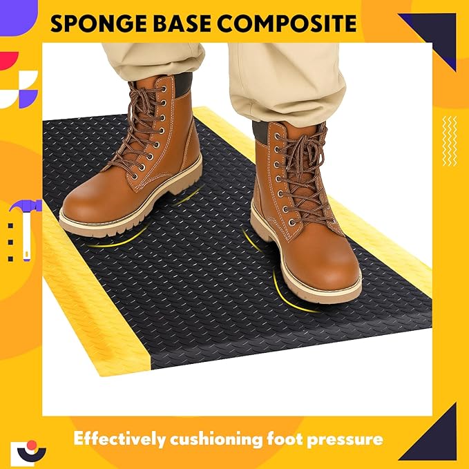 2'x3' Anti-Fatigue Mat ESD Conductive Pad with Ground Wire, Ergonomic Standing Floor Mat Heavy-Duty Diamond Plate Surface for Commercial&Industrial Work, Thick 3/4” Black with Yellow Border