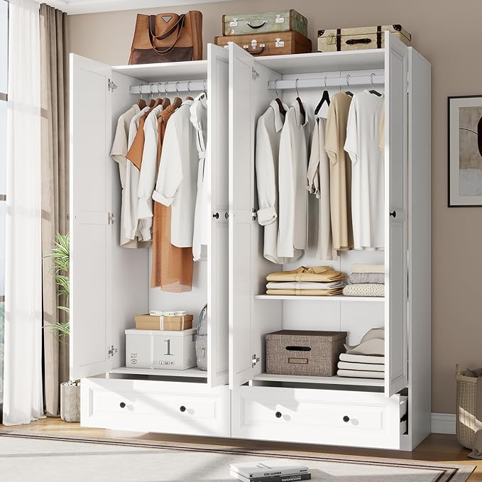 Armoire Wardrobe Closet with Drawers: 74" White Tall Wooden Wardrobe Closet for Hanging Clothes, Large Bedroom Armoires with 2 Drawers, 4 Door Armoire Storage Cabinet (White, 63")