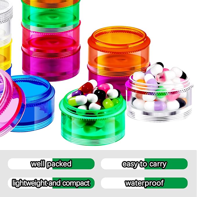 Sieral 7 Days Stackable Pill Organizers 7 Compartments Round Pill Boxes Tower Weekly Vitamin Individual Storage Containers Travel Cases with Lids for Medications, Vitamins and Supplements(4 Sets)