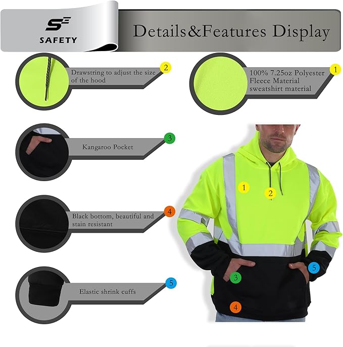 sesafety Class 3 Hi-Vis Hoodie for Men, Reflective Safety Sweatshirt, Black High Visibility Hooded Pullover
