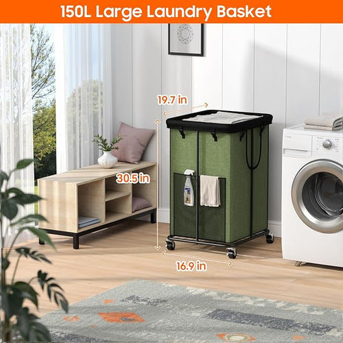 150L Laundry Hamper with Wheels, Rolling Laundry Basket with Metal Frame and Removable Bag, Large & Tall Dirty Clothes Hampers for Bedroom Aesthetic, Laundry Room, Bathroom, Dorm-Green