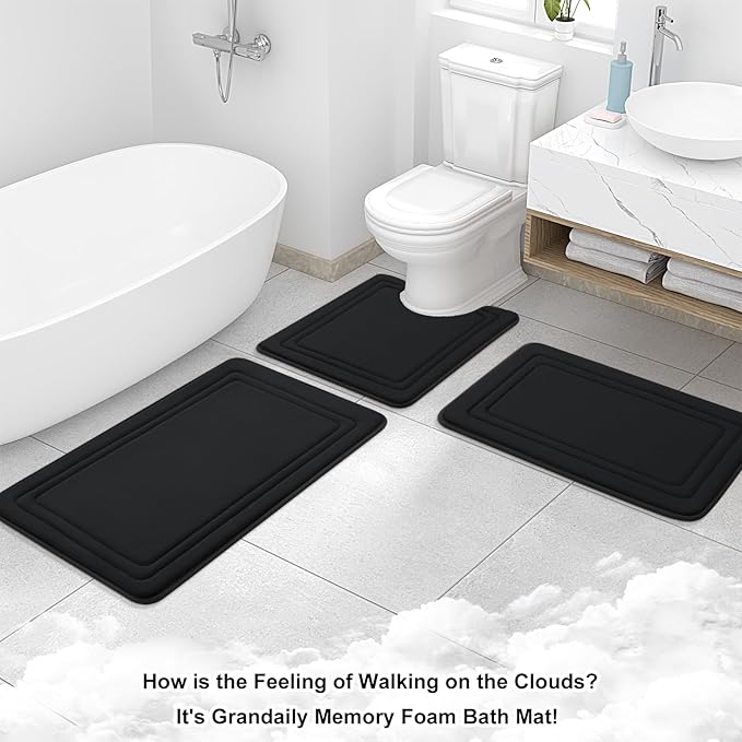 Grandaily Memory Foam Bath Mat Rug 47x17, Ultra Soft, Non-Slip and Absorbent Bathroom Rugs, Machine Wash Dry, Comfortable Bath Carpet for Bathroom Floor, Tub and Shower, Black