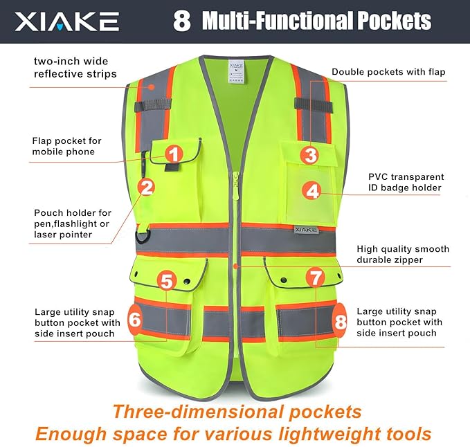 XIAKE Reflective Safety Vest for Men & Women High Visibility Class 2 Vest with Pockets Meets ANSI Standards