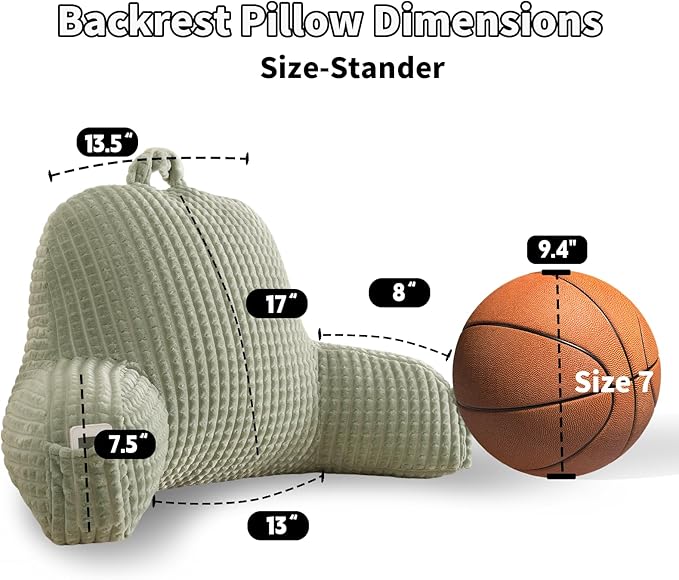 Reading Pillow for Sitting in Bed, Large Backrest Reading Pillow with Arm Rest,Back-Rest Support Cushion for Sit Up on Couch, Sofa, and Floor, Dorm Essentials (Green Flannel, Standard(17inch))