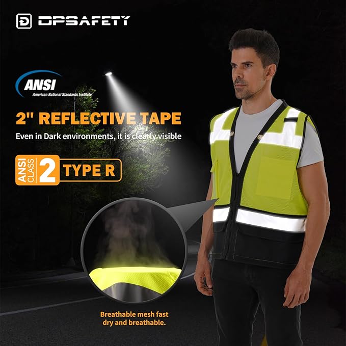 Reflective Safety vest With back plan pocket,High visibility Class 2 Heavy Duty Surveyor Vest with Zipper,Hi Vis Construction Work Vest for Men＆Women ANSI/ISEA(Yellow-Bottom,XL)