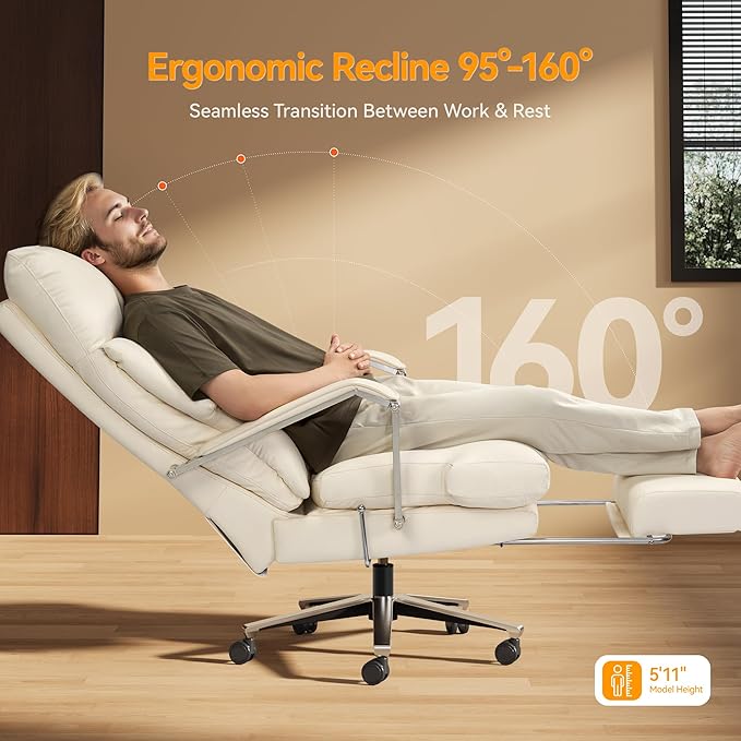 Reclining Office Chair with Footrest - 25.6" Wide Seat & Adjustable Seat Depth, Big and Tall High Back Leather Executive Home Office Desk Chair 400lbs, Cream